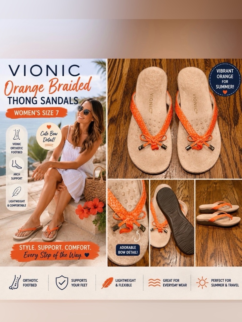 Vionic Women's Orange Braided Thong Sandals with Bow Detail Size 7